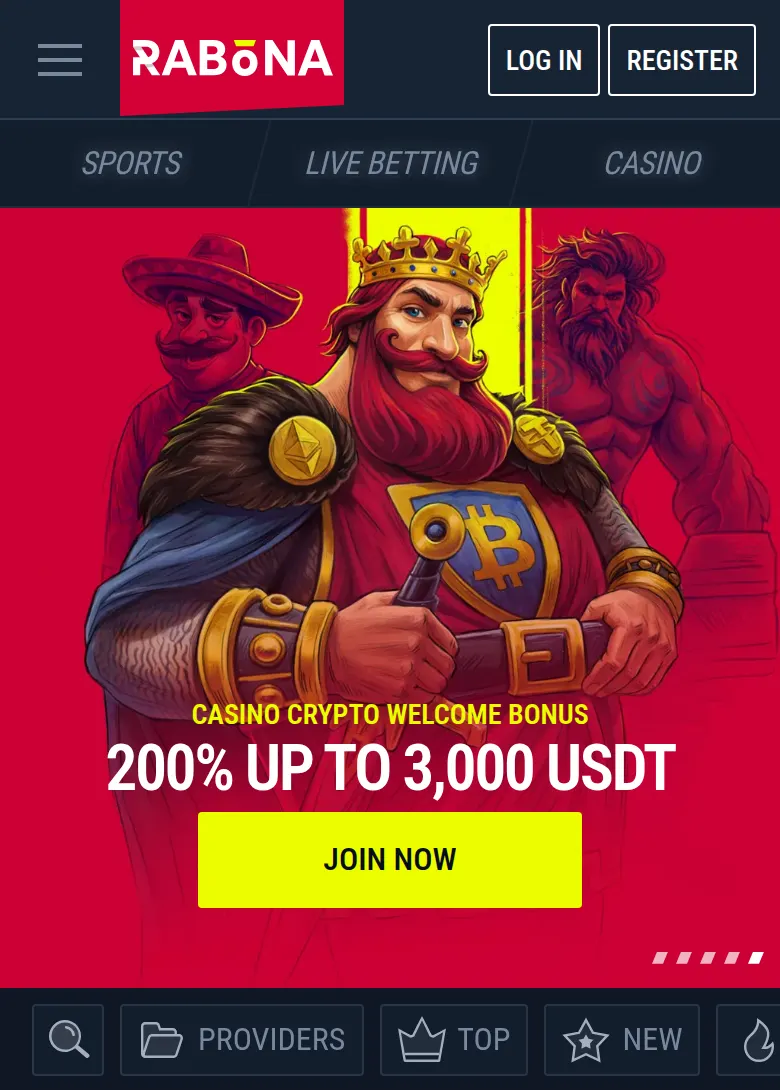 Rabona mobile homepage with the Sports, Live Betting and Casino menu